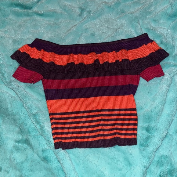 kimchi blue off-the-shoulder ruffle top - purple, pink, & orange striped - Picture 1 of 8
